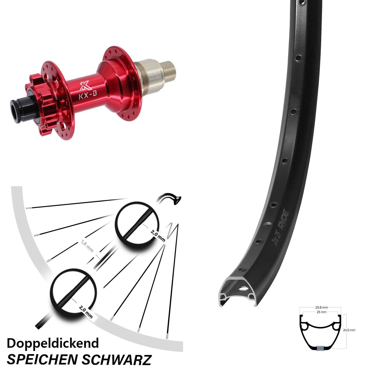 28-29 Zoll Ryde ZAC 25 KX-B rot Hinterrad 6-Loch 12x148 SRAM XD