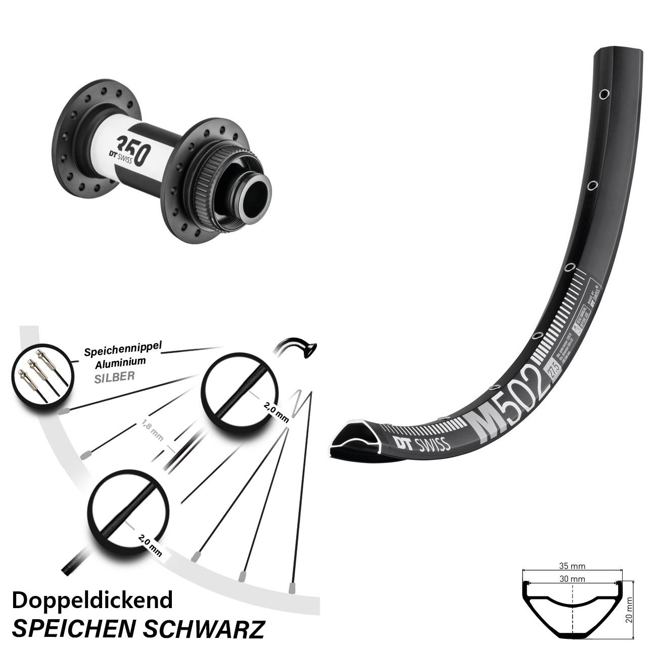 schwarzes 29 Zoll MTB Vorderrad M 502 DT Swiss 350 Centerlock 15x100 mm
