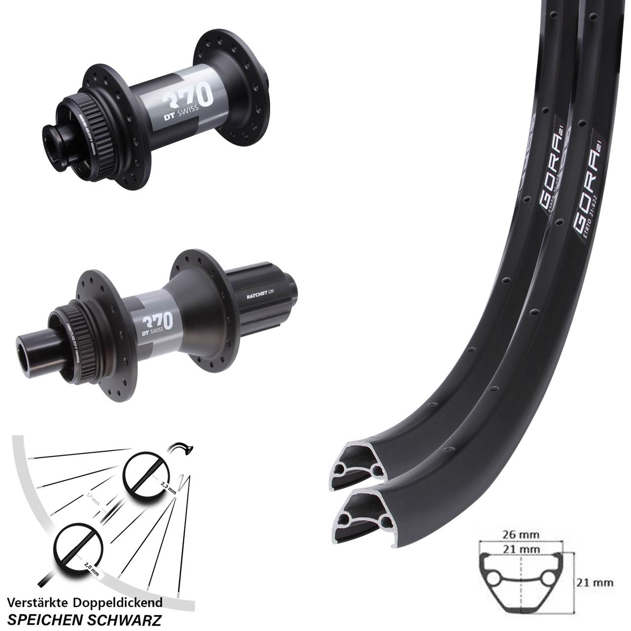 27,5 Zoll Gora 21-370 DT Swiss 370 Road Disc Laufradsatz 12x100/142 11-12 fach