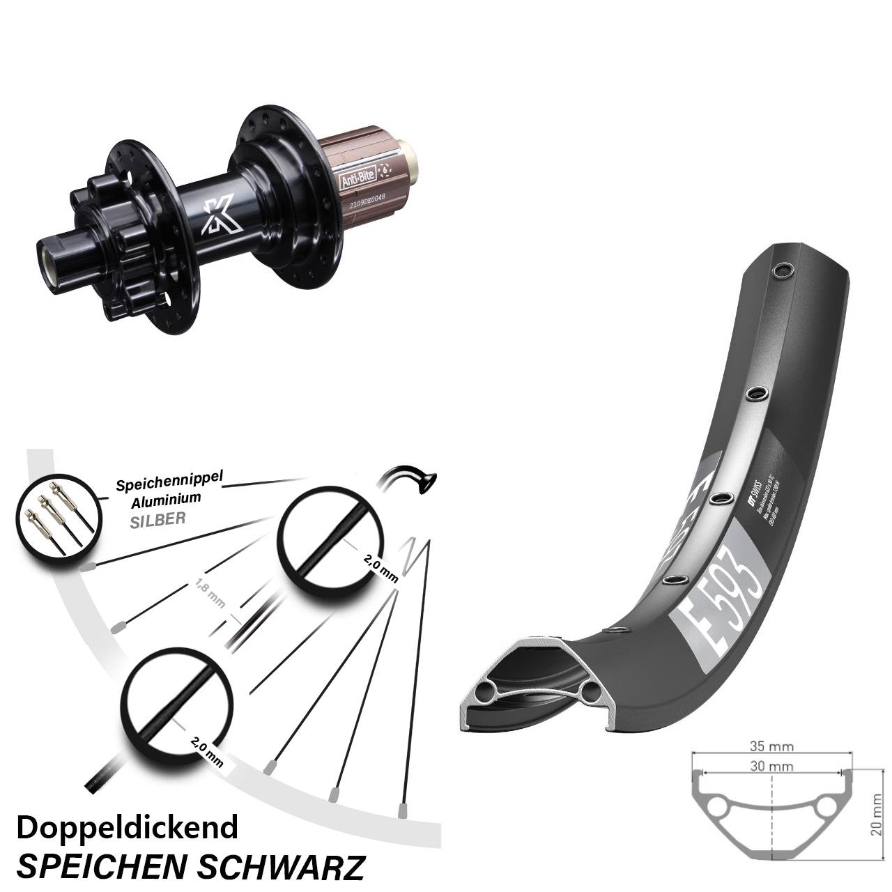 DT Swiss E 593 29 Zoll Hinterrad KX-M 8-12 fach 12x142