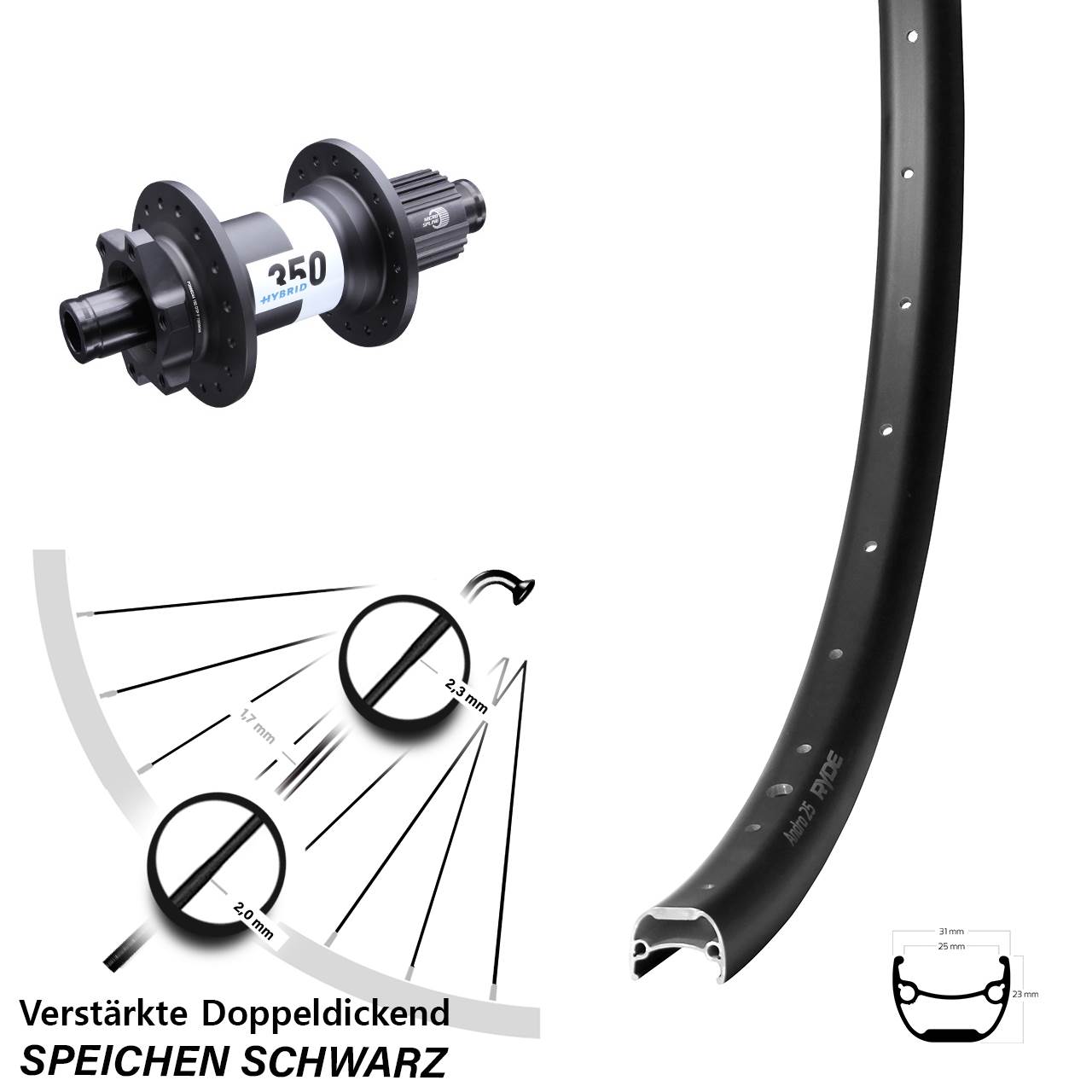 Disc Hinterrad 28 Zoll Ryde Andra 25 DT Swiss 350 Hybrid Micro Spline 12x148