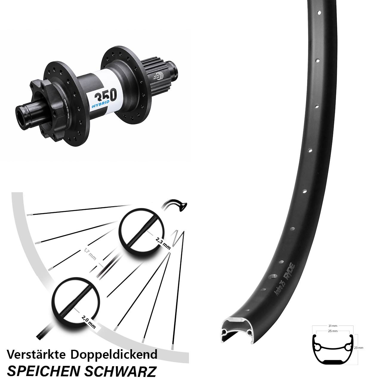 Disc Hinterrad 28 Zoll Ryde Andra 25 DT Swiss 350 Hybrid Micro Spline 12x148