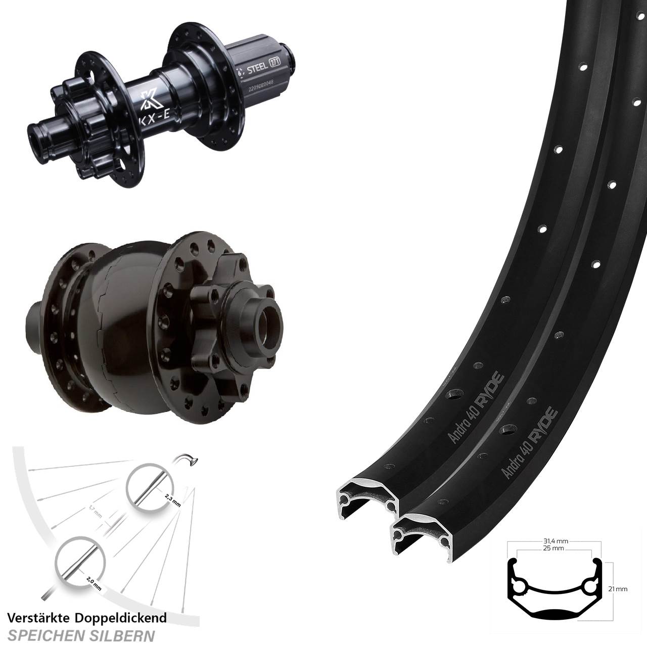 27,5 Zoll Ryde Andra 40 KX-E Heavy Duty SON 28 Laufradsatz 6-Loch 15x100 12x142 8-12 fach