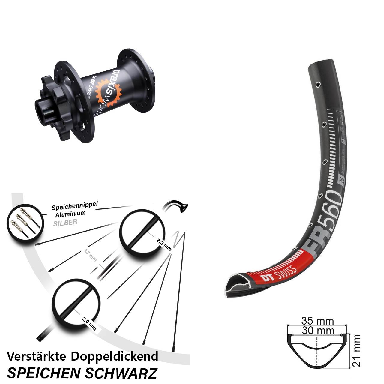 Vorderrad 6-Loch 26 Zoll DT Swiss FR 560-350 SL 15x100