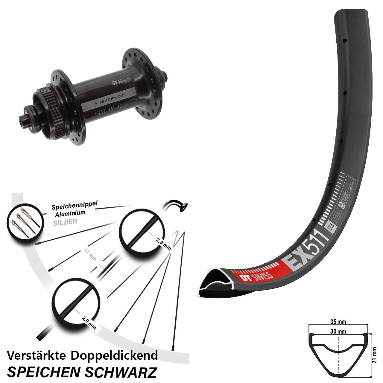DT Swiss EX 511-370 27,5 Zoll Disc Vorderrad für Schnellspanner