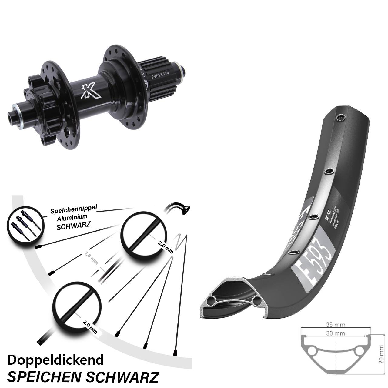 29 Zoll DT Swiss E593 KX-M Hinterrad 6-Loch QR Micro Spline