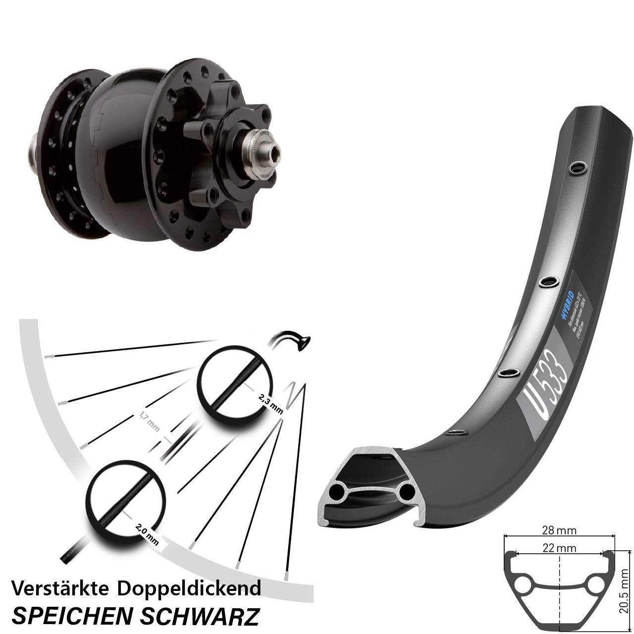 SON 28 DT Swiss U 533 27,5 Zoll Disc Laufrad mit Nabendynamo für Schnellspanner