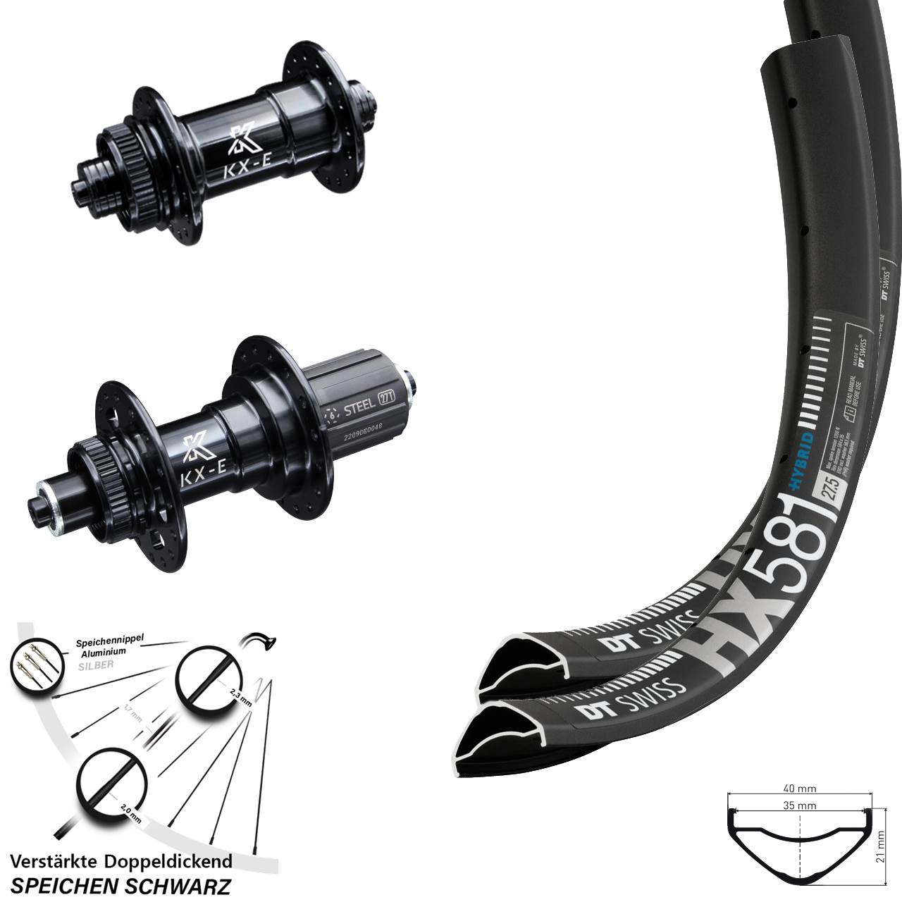 27,5 Zoll DT Swiss HX581 KX-E Laufrad-Satz für Schnellspanner 8-12 fach
