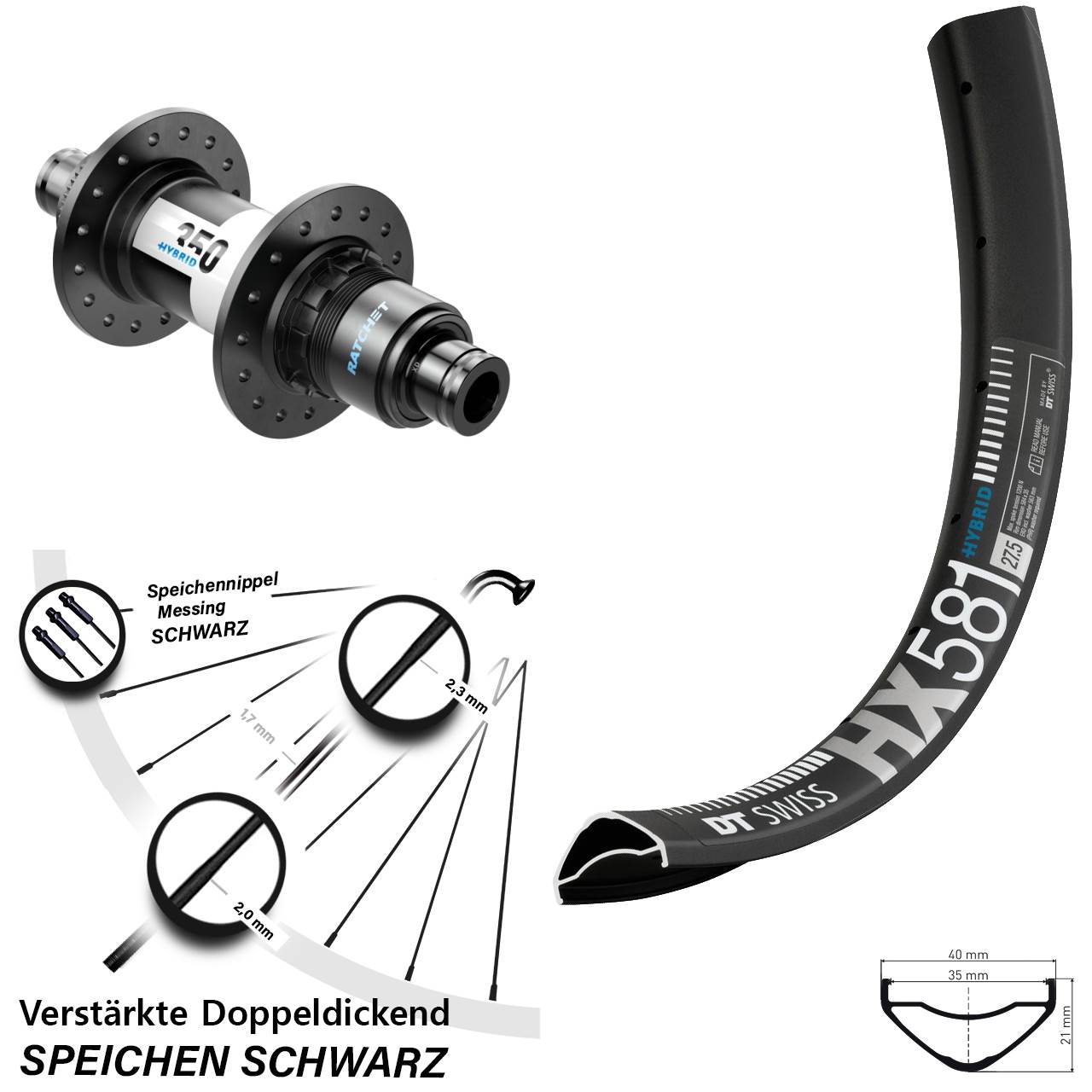 DT Swiss HX581-350 Hybrid 27,5 Zoll Disc Laufrad 12x148 XD 11-12 fach