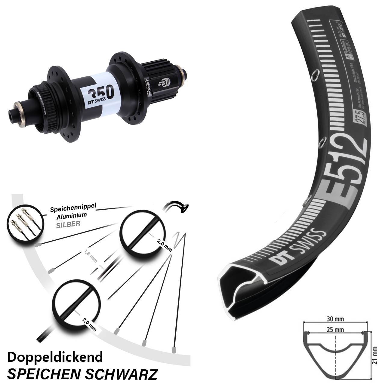 Disc Laufrad 27,5 Zoll DT Swiss E512-350 Micro Spline für Schnellspanner