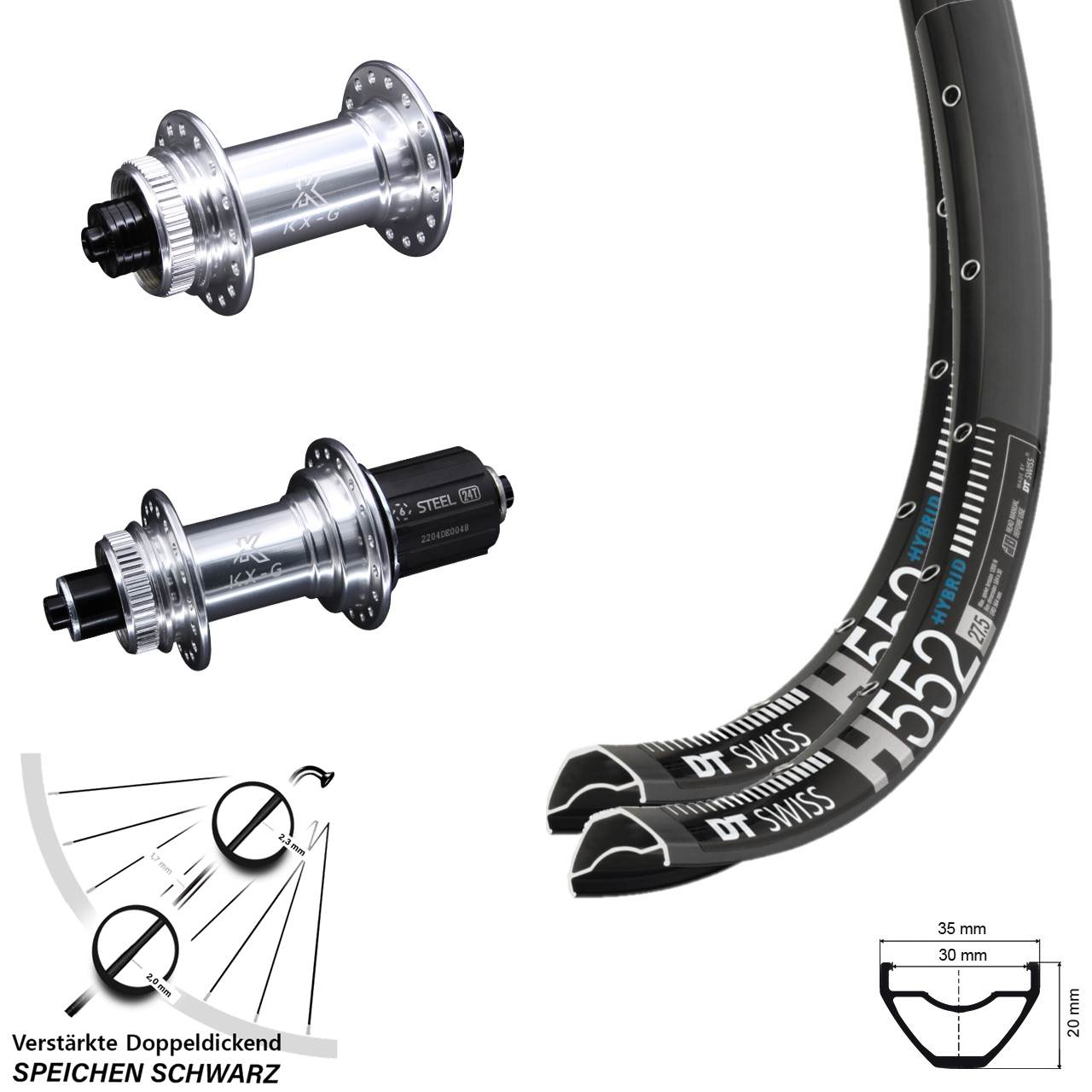 Laufradsatz Centerlock für Schnellspanner 29 Zoll DT Swiss H552 KX-GS Heavy Duty 8-12 fach