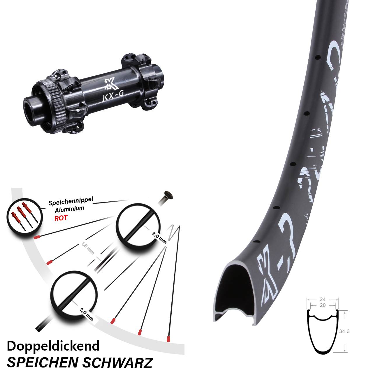 Vorderrad 28 Zoll KX-R Road 12x100 Centerlock Straightpull schwarz