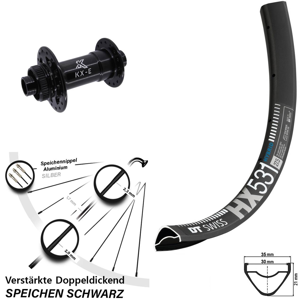 Vorderrad Centerlock 27,5 Zoll DT Swiss HX531 KX-E Heavy Duty 15x110 Boost