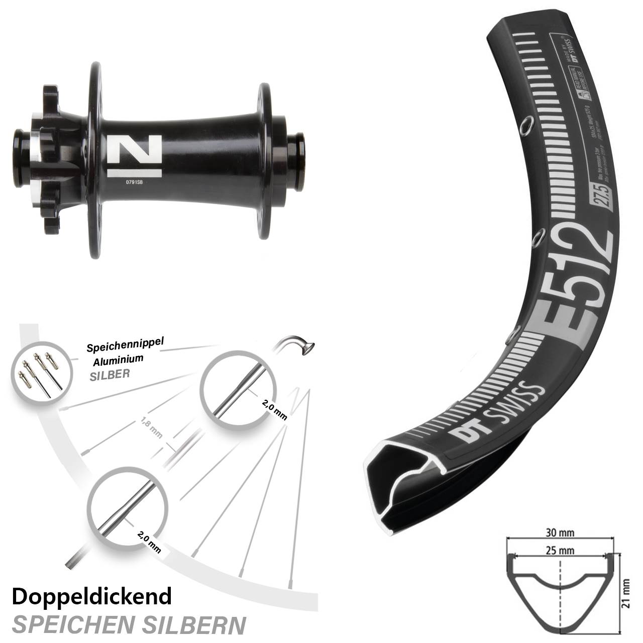 27,5 Zoll Vorderrad 6-Loch Novatec D791 DT Swiss E 512 Steckachse 15x100 mm