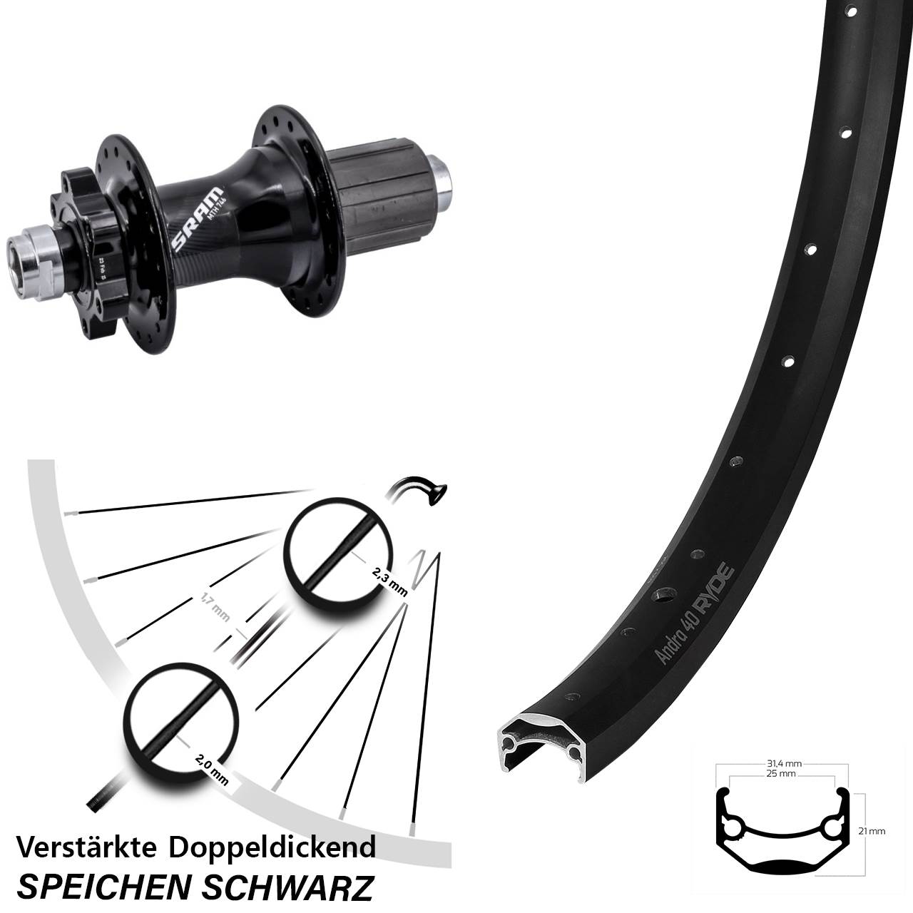 26 Zoll Ryde Andra 40 Sram 746 Disc Laufrad 12x148 8-11 fach