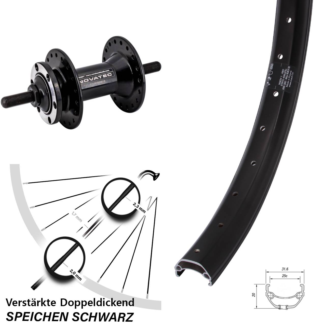 6-Loch Vorderrad Vollachse 20 Zoll Mach1 Kargo Novatec D763