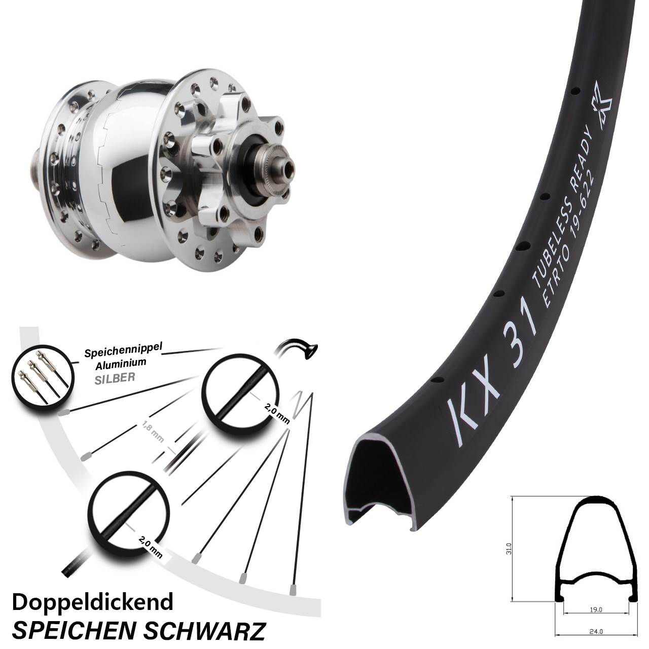 Disc Vorderrad mit Nabendynamo 28 Zoll KX 31 SON 28 poliert für Schnellspanner