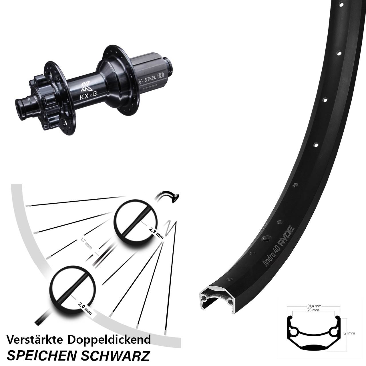 Disc Hinterrad 27,5 Zoll Ryde Andra 40 KX-BS 8-12 fach 12x148
