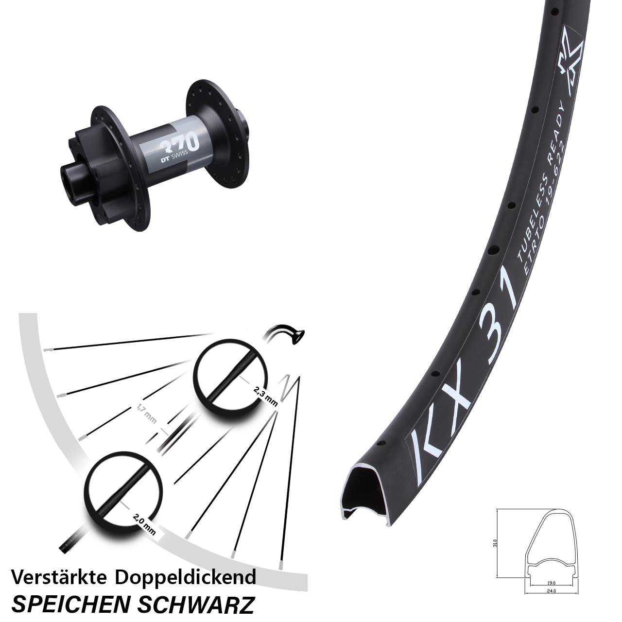 28 Zoll KX 31 Offset DT Swiss 370 6-Loch Vorderrad 12x100