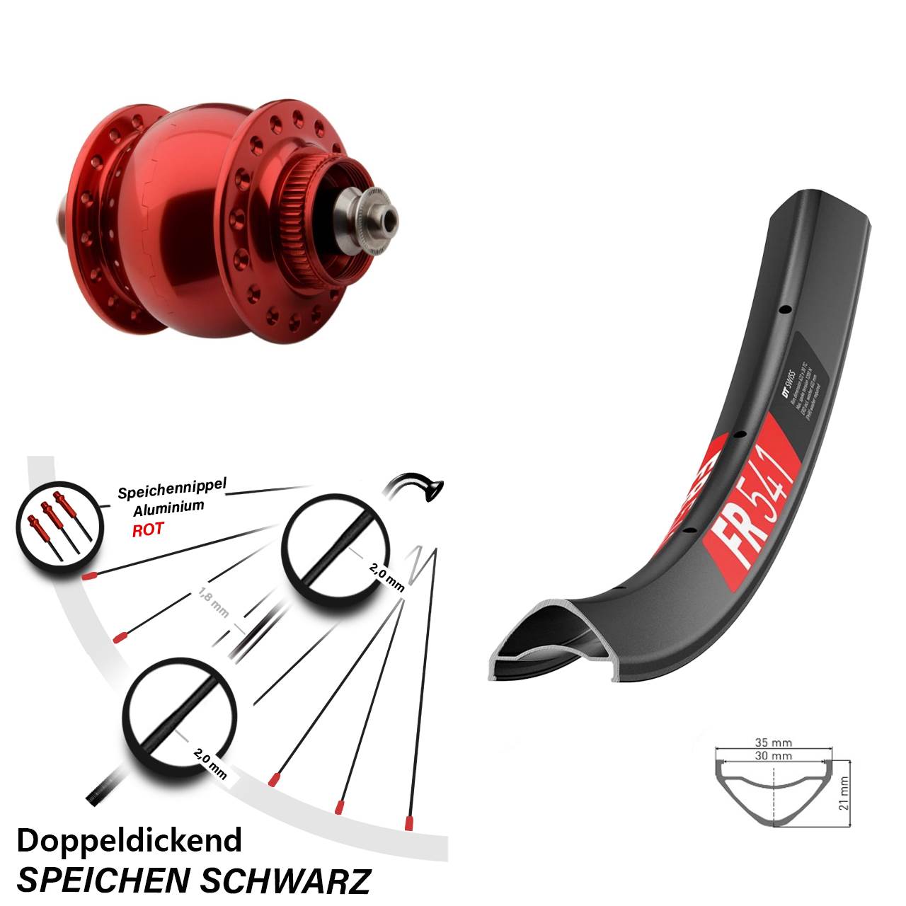 Disc Nabendynamo-Laufrad 27,5 Zoll DT Swiss FR541 SON 28 rot QR