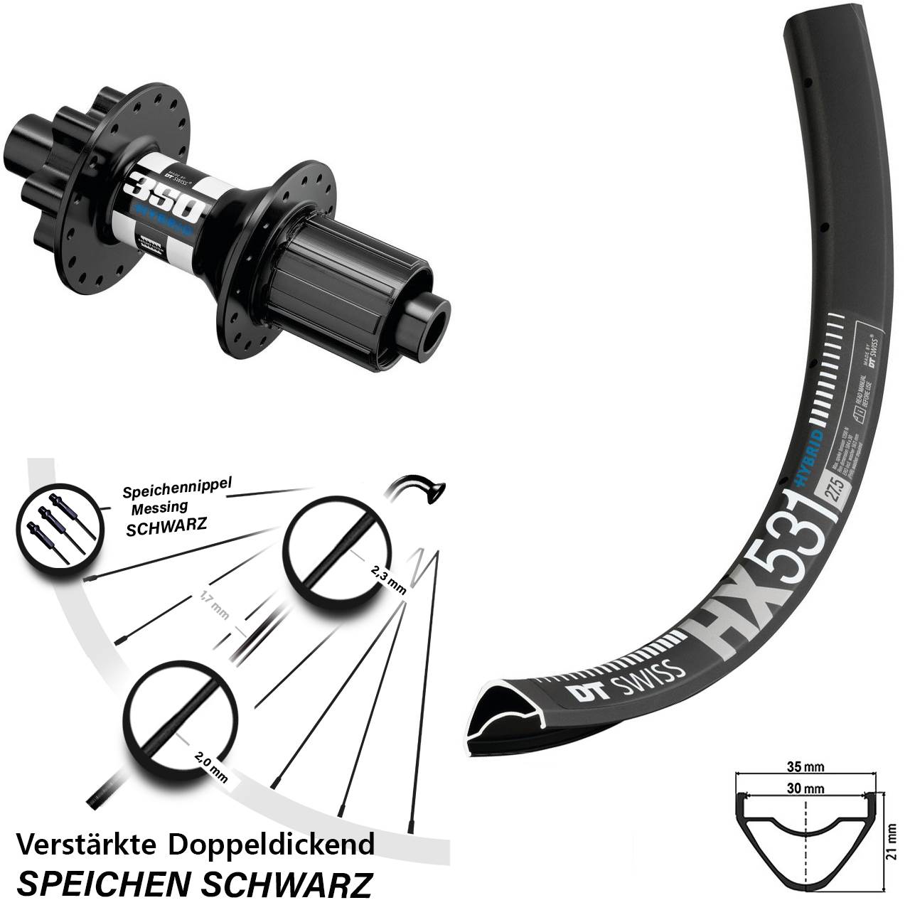 29 Zoll Hinterrad E-Bike HX 531 DT Swiss 350 Hybrid Boost 12x148 mm Shimano HG 8-11 fach