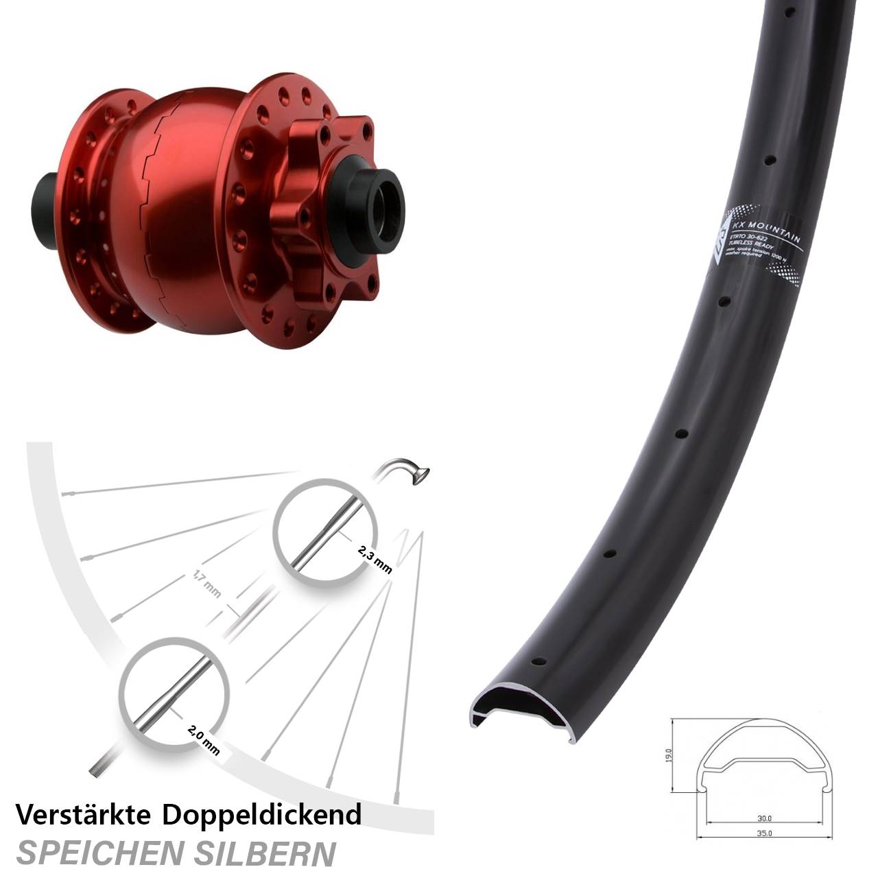 Vorderrad KX Mountain SON 28-15 Disc 6-Loch Steckachse 100 rot eloxiert