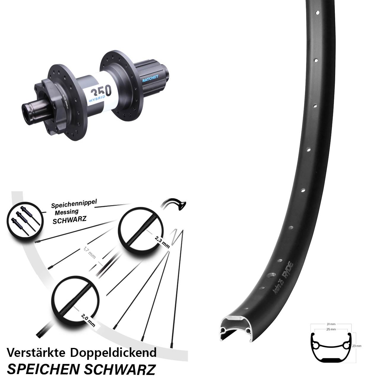 Ryde Andra 25 Disc Hinterrad 29 Zoll DT Swiss 350 Hybrid Boost 12x148 mm 8-11-fach