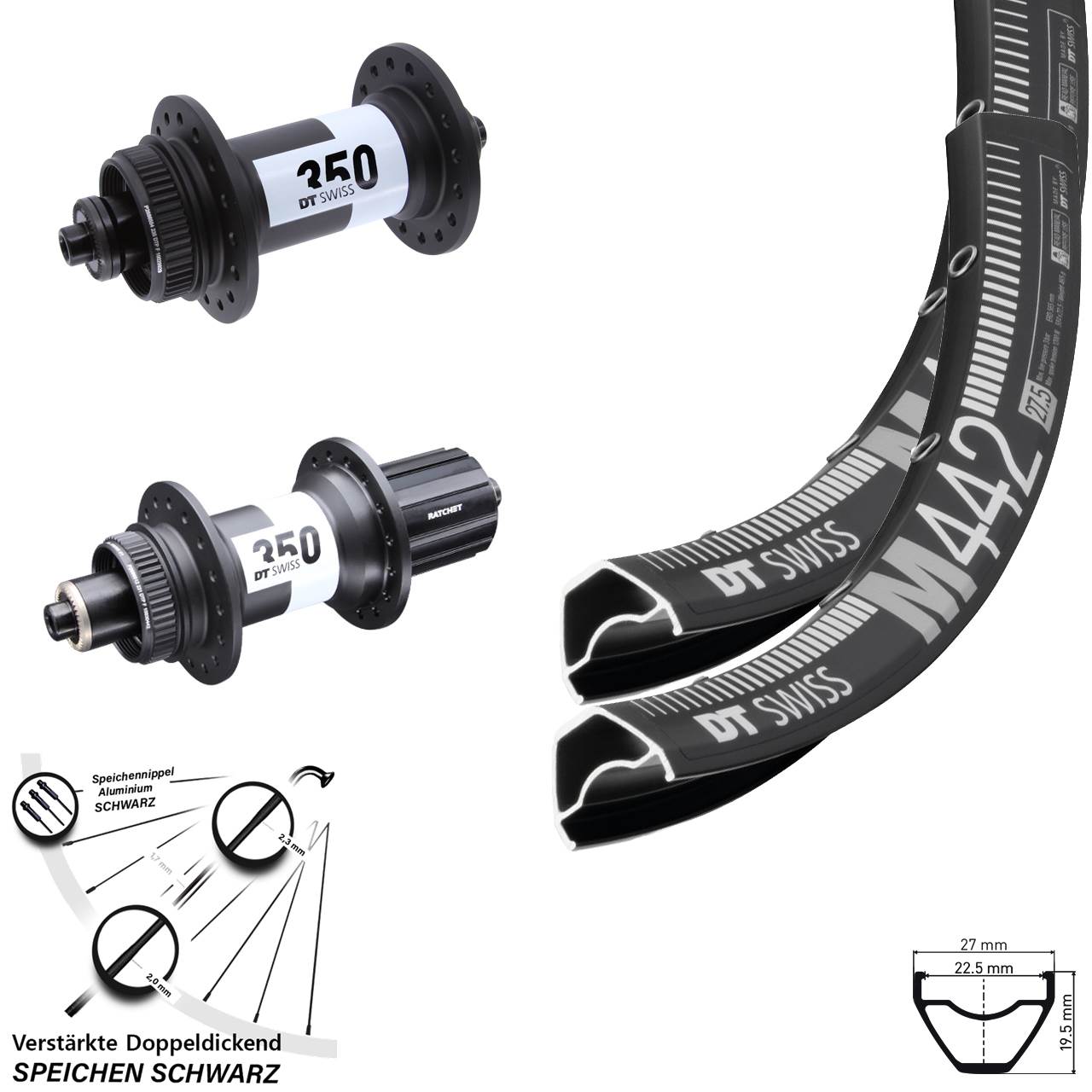 DT Swiss M442 350 28 Zoll Disc Laufradsatz QR 11-12 fach