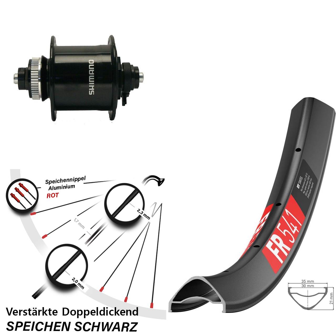 27,5 Zoll DT Swiss FR 541 Shimano DH-UR700-3D Disc Nabendynamovorderrad für Schnellspanner