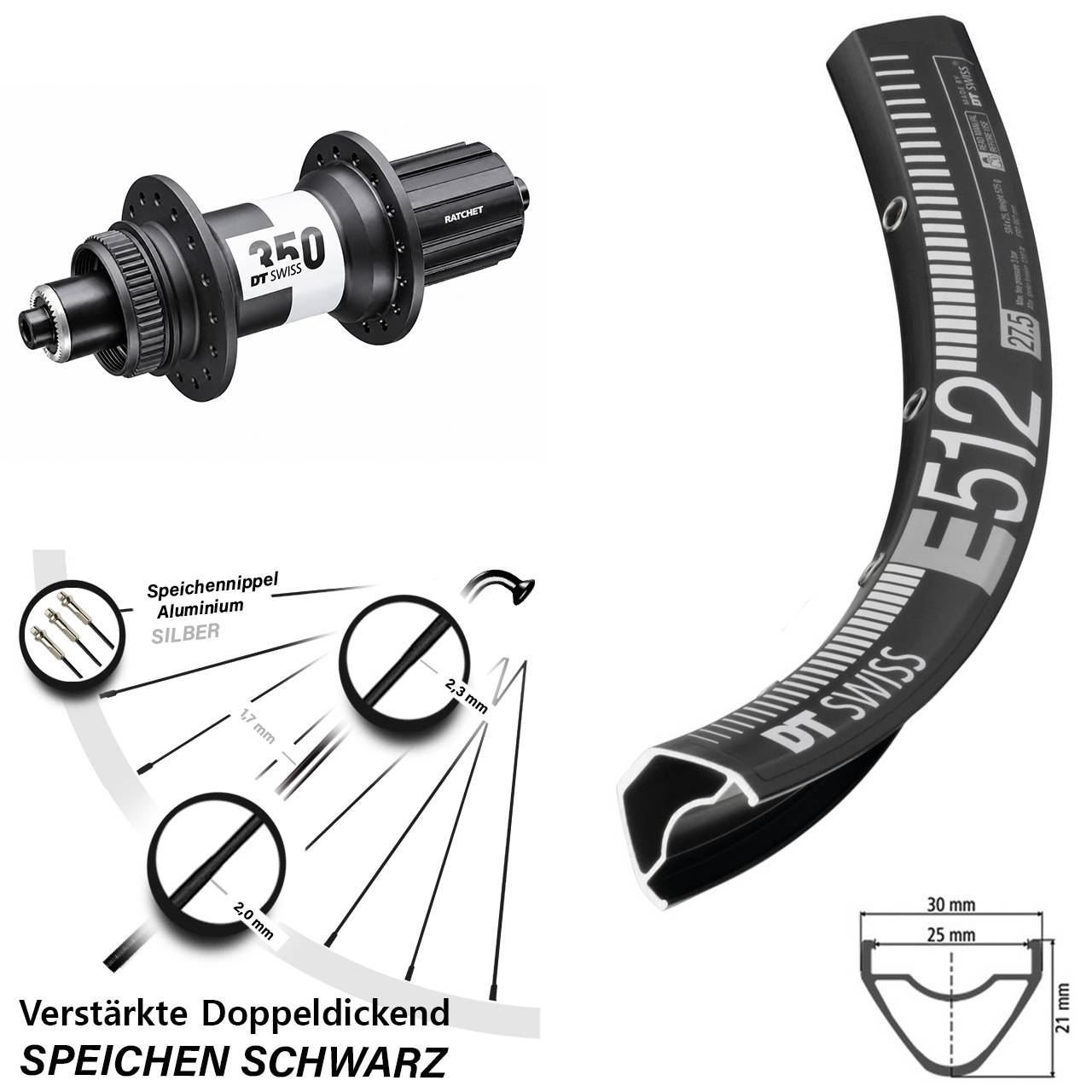 Centerl. 29 Zoll Hinterrad DT Swiss E512-350 Ratchet 36 8-11 fach HG für Schnellsp.
