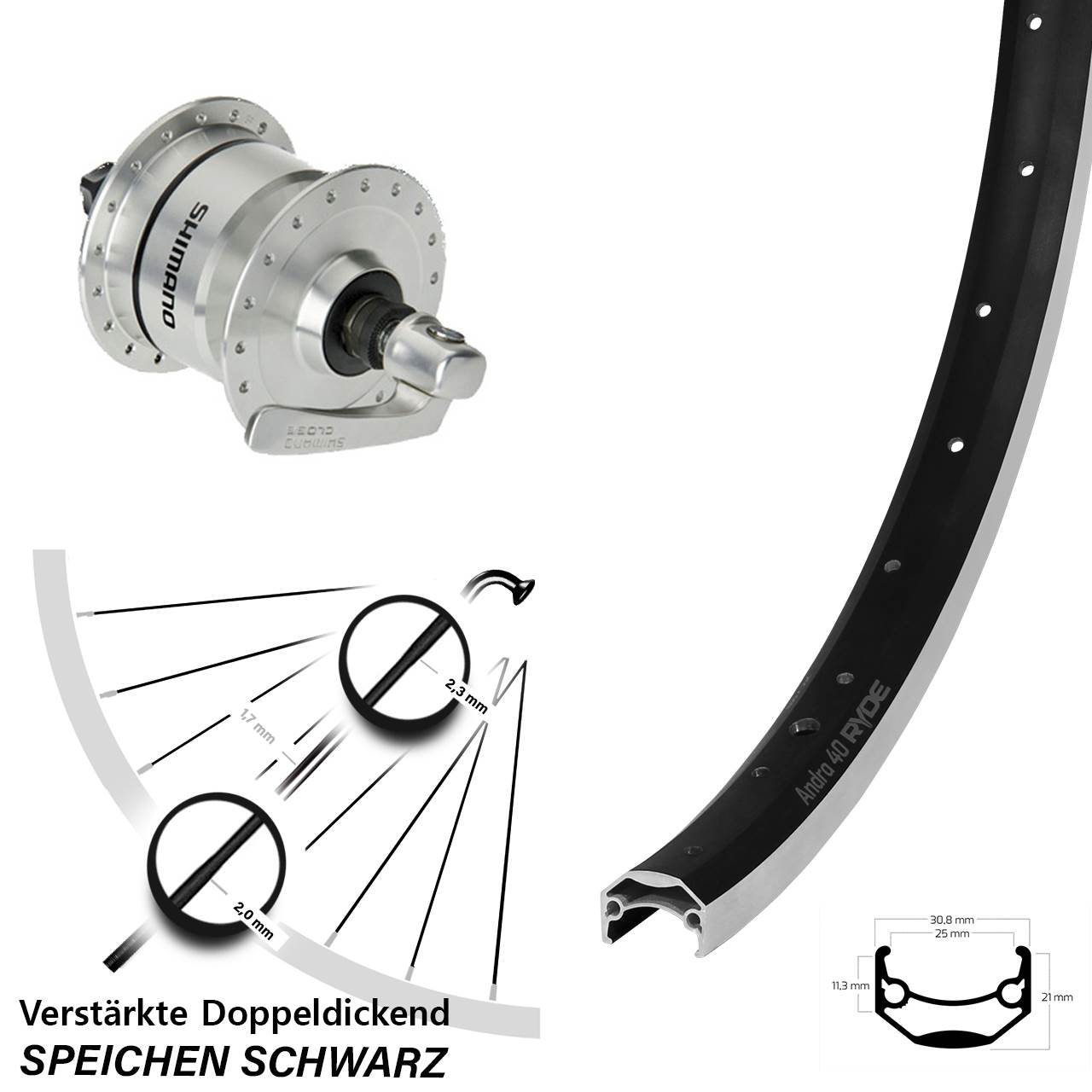 Nabendynamolaufrad 28 Zoll Ryde Andra 40 Shimano DH3N72 für Schnellspanner