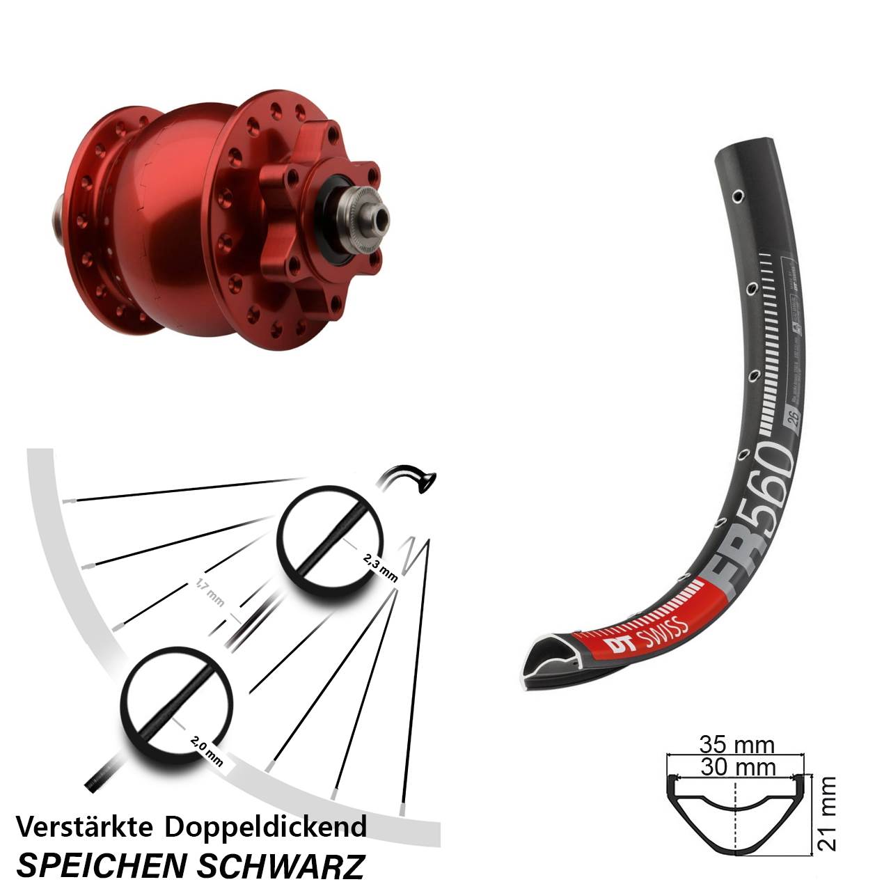 Disc Dynamo-Vorderrad QR 26 Zoll DT Swiss FR560 SON 28 rot