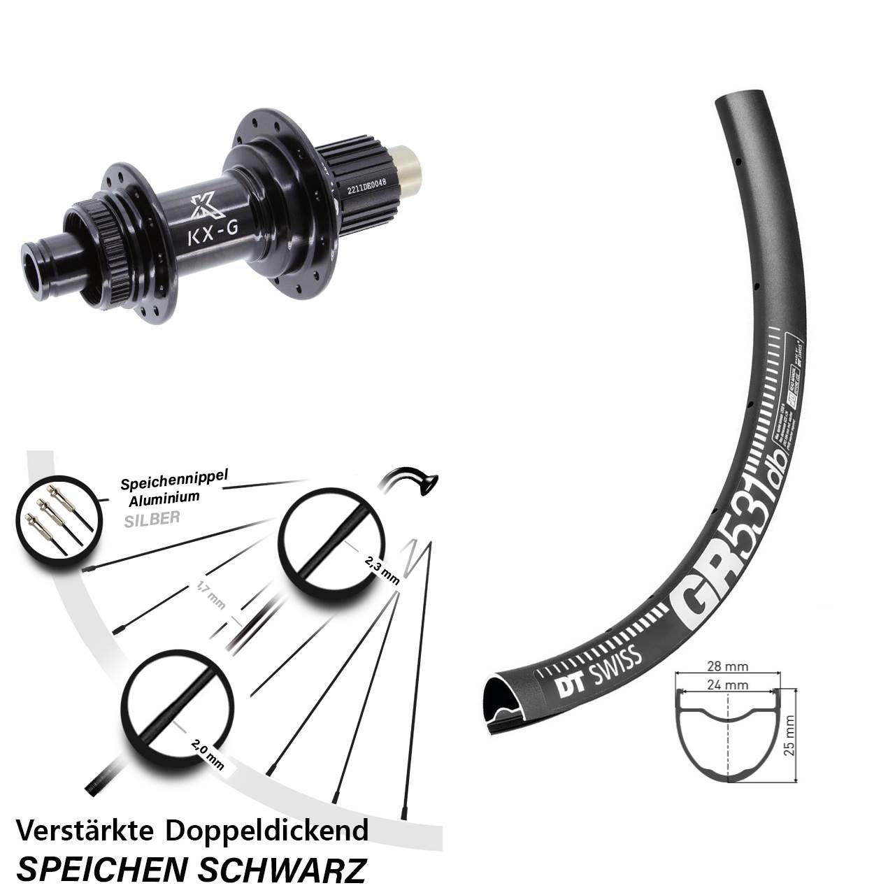28 Zoll DT Swiss GR531 KX-G Steckachse Centerlock Hinterrad 12x142 Micro Spline