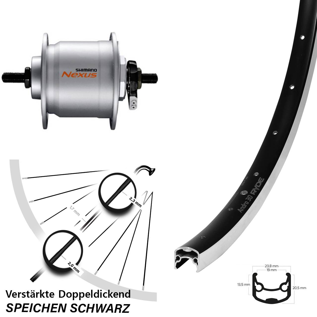 28 Zoll Vorderes Rad mit Nabendynamo Ryde Andra 30 Shimano Nexus DH-C3000-3N