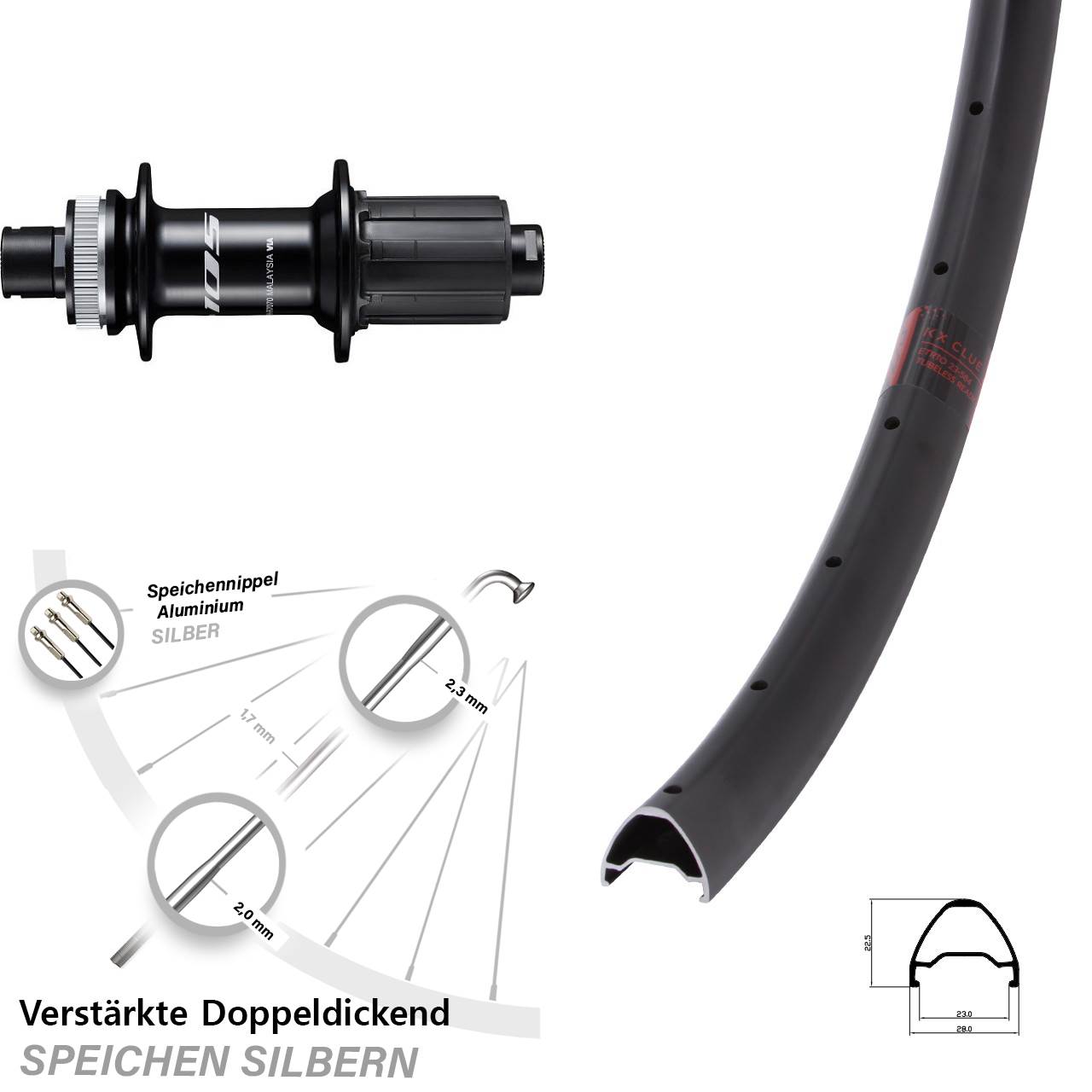 KX Clue Shimano 105 FH-R7070 28 Zoll Hinterrad Centerlock 12x142 8-12 fach HG