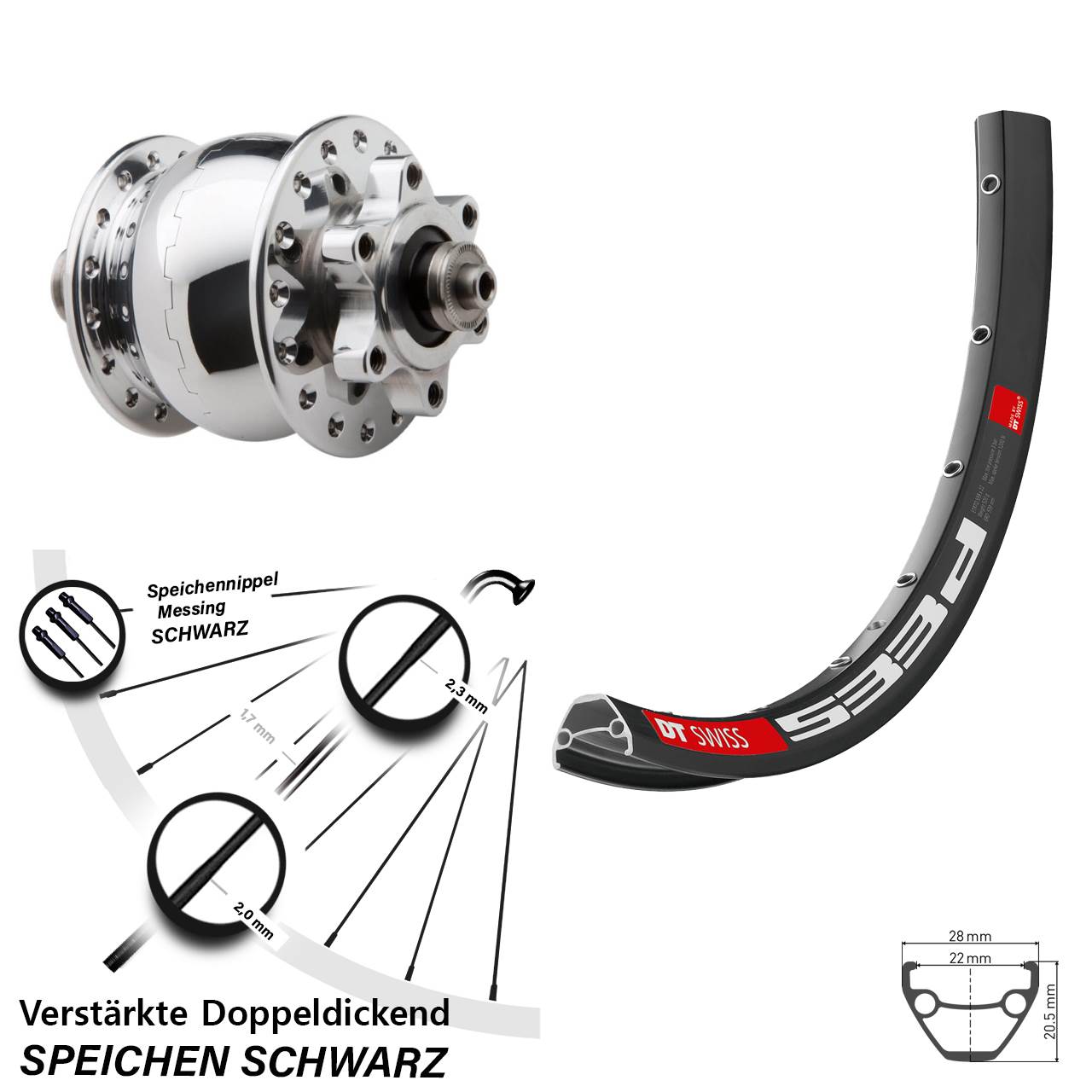Disc Dynamo-Vorderrad QR 26 Zoll DT Swiss 533 D SON 28 poliert