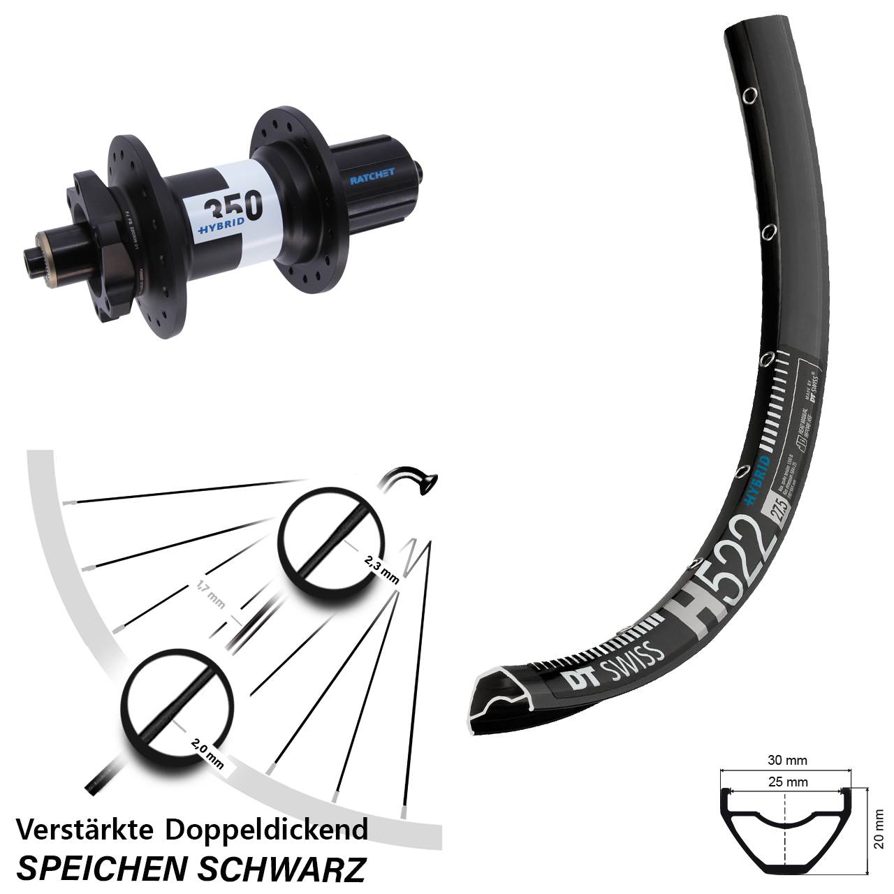 DT Swiss H522-350 Hybrid 29 Zoll Hinterrad 6-Loch QR Boost 8-11 fach HG
