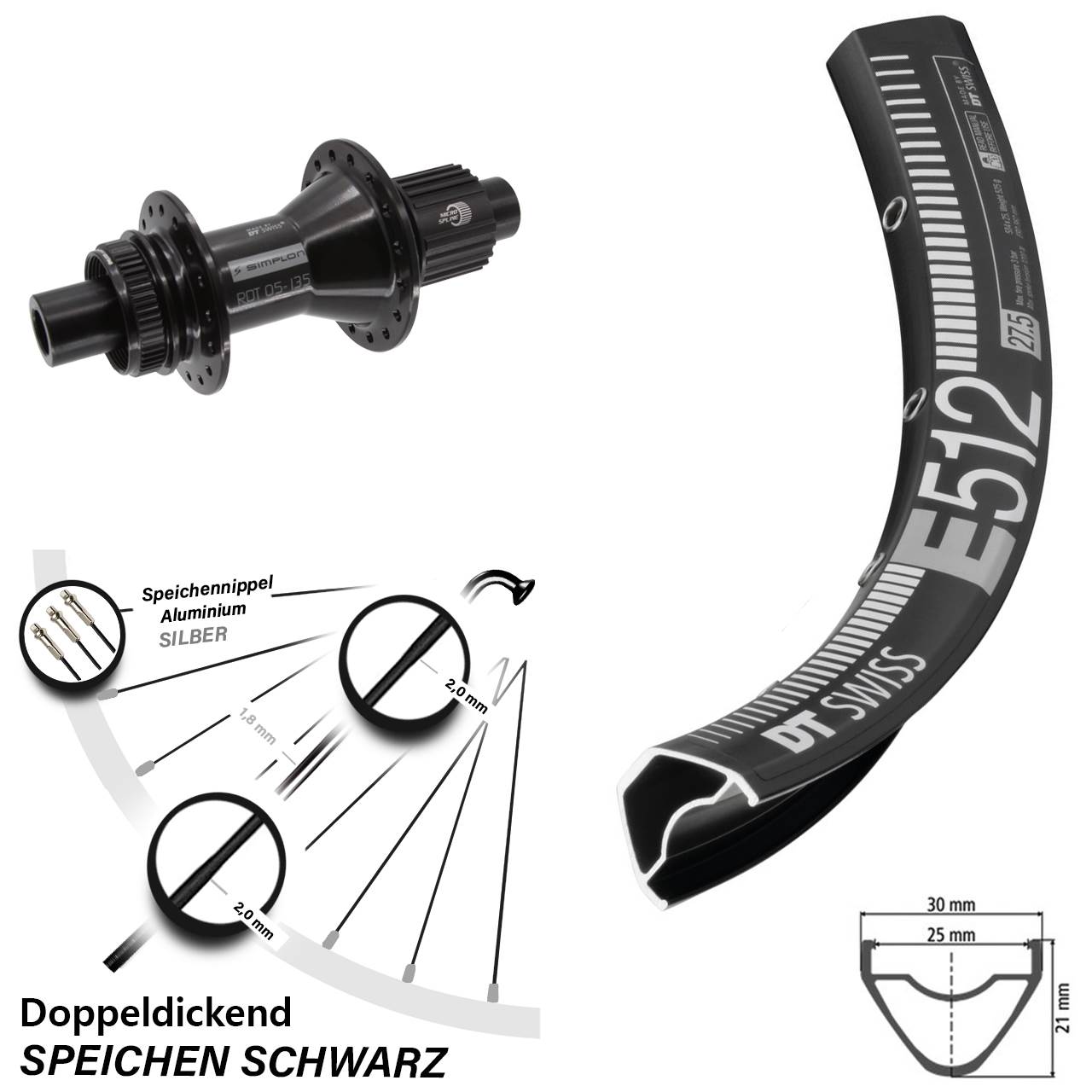 27,5 Zoll DT Swiss E 512-370 Hybrid Hinterrad Centerlock 12x142 Micro Spline