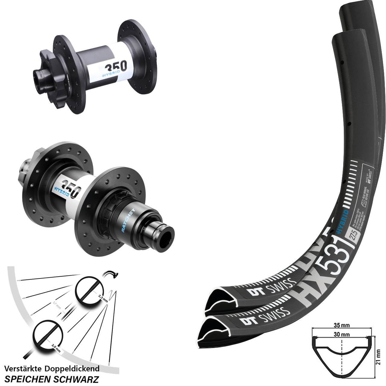DT Swiss HX531 DT Swiss 350 Hybrid 27,5 Zoll Laufradsatz 6-Loch 15x110 12x148 Boost XD