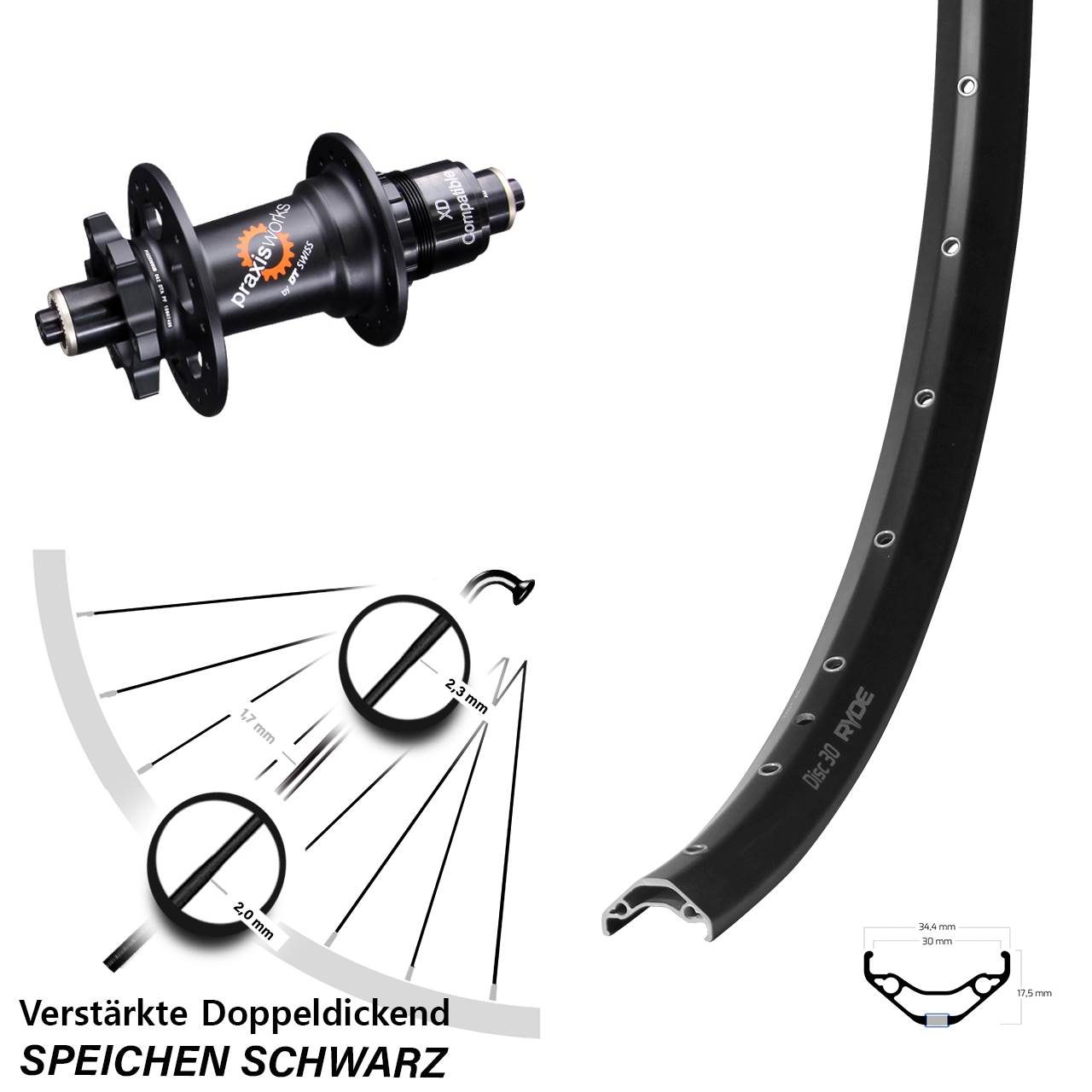 27,5 Zoll Ryde Disc 30 DT Swiss 350 Hinterrad QR XD