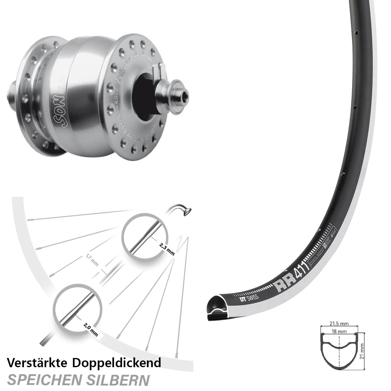 Vorderrad mit Nabendynamo QR 28 Zoll DT Swiss RR 411 SON delux