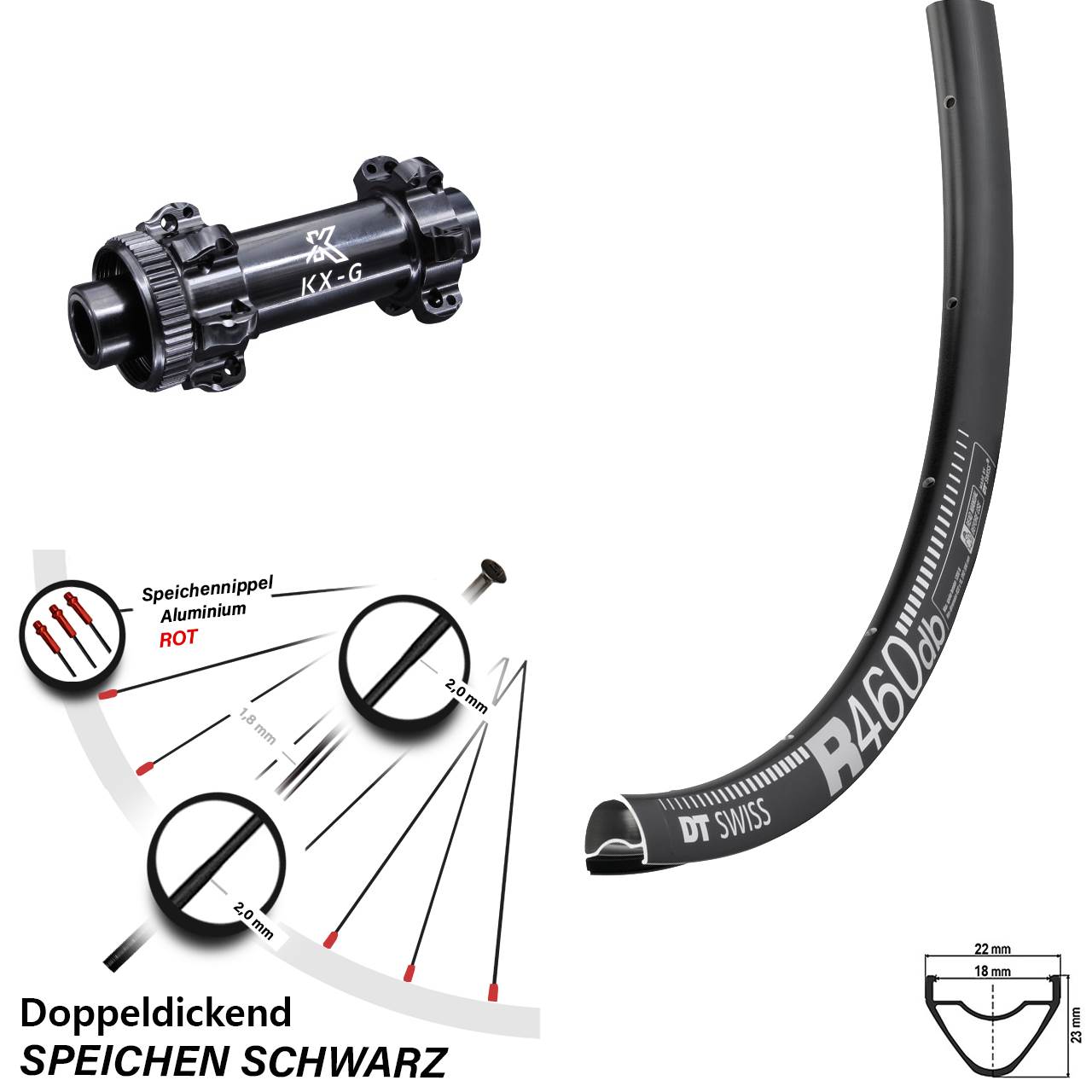 schwarzes 28 Zoll Vorderrad DT Swiss R 460 Disc KX-G 12x100 mm Straightpull
