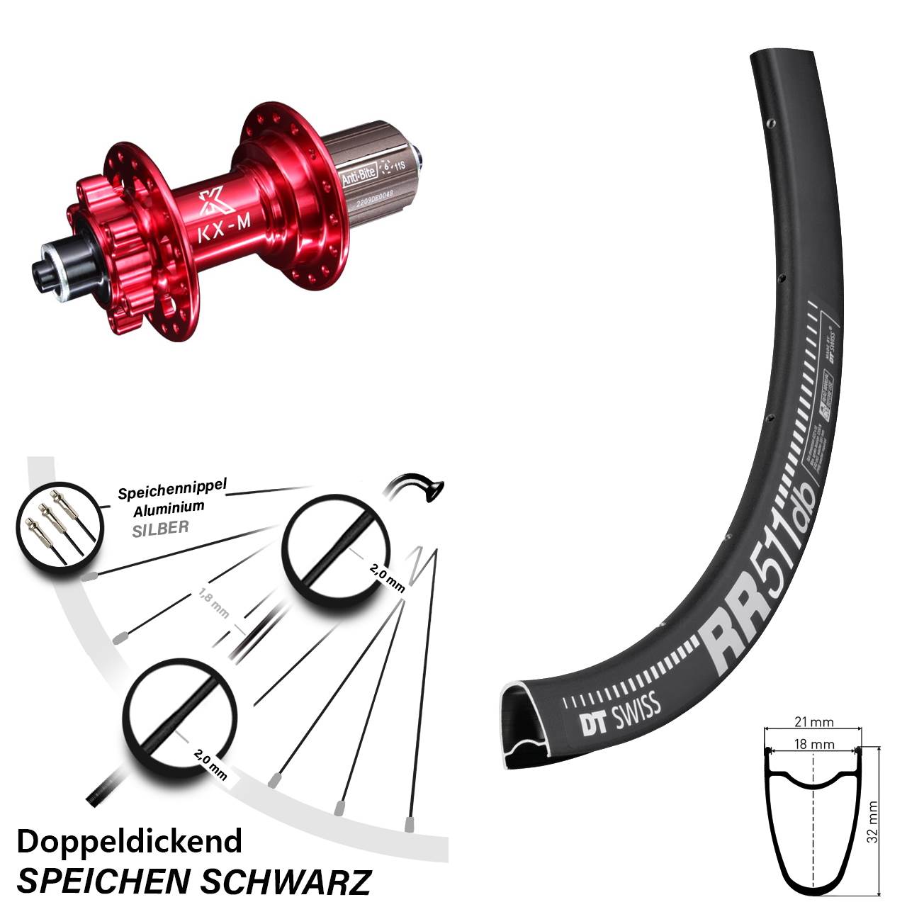 DT Swiss RR511 KX-M rot 28 Zoll 6-Loch Hinterrad für Schnellspanner 8-12 fach HG