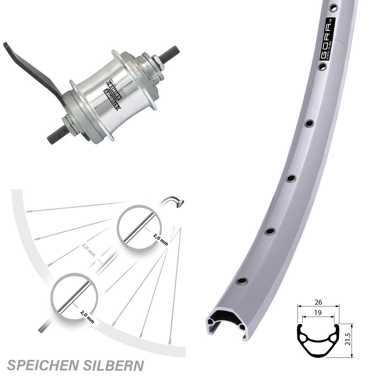 28 Zoll Hinterrad Gora 19 Sturmey Archer Duomatic Kick-Shift Rücktrittbremse silbern