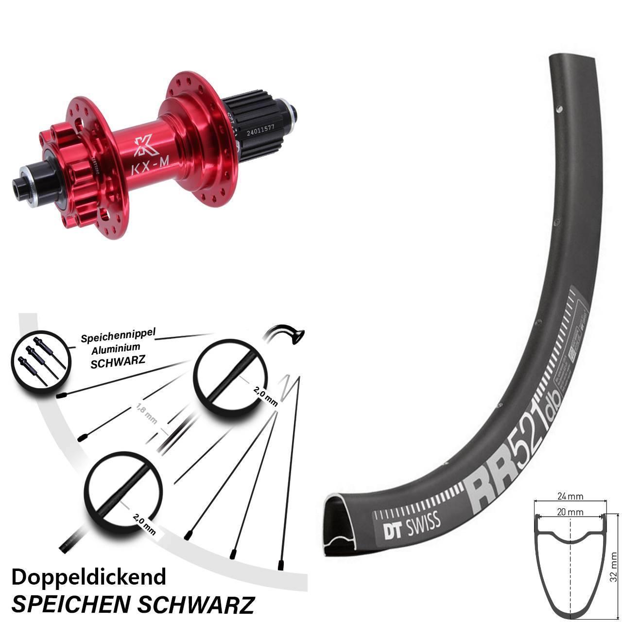 6-Loch Hinterrad 28 Zoll DT Swiss RR 521 KX-M rot Micro Spline für Schnellspanner