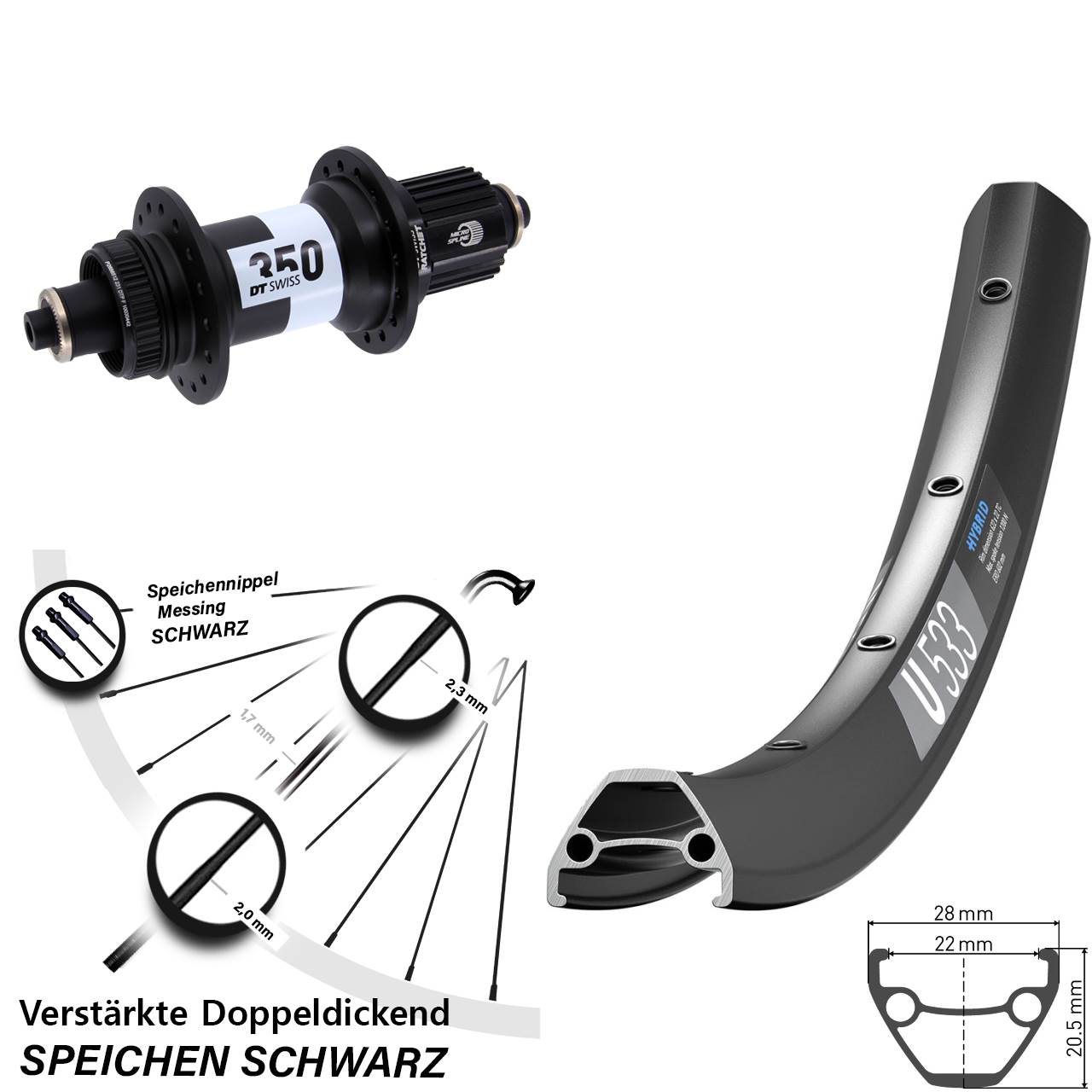 DT Swiss U 533-350 Ratchet 36 28-29 Zoll Hinterrad für Schnellspanner Micro Spline