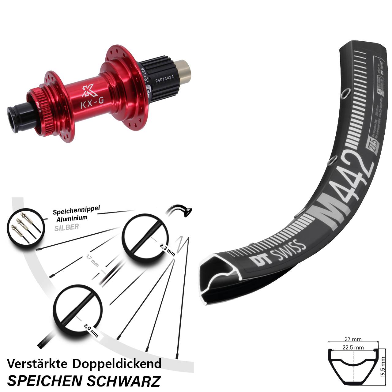 Hinterrad Centerlock 12x142 28-29 Zoll DT Swiss M442 KX-G rot Shimano Micro Spline