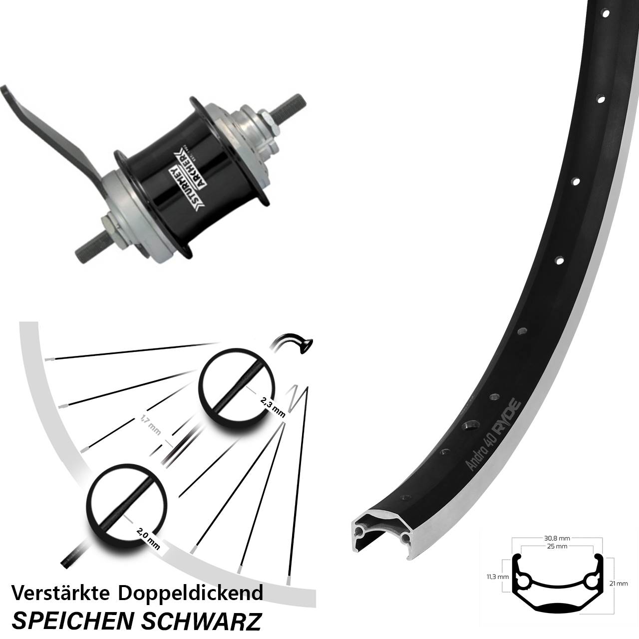 20 Zoll Hinterrad Ryde Andra 40 Sturmey Archer Duomatic Kick-Shift schwarz
