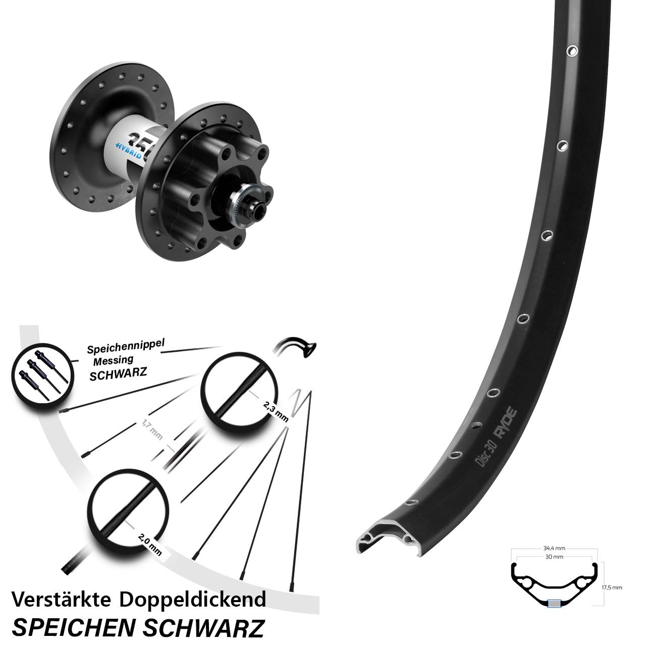 Ryde Disc 30 DT Swiss 350 Hybrid 29 Zoll Vorderrad 6-Loch für Schnellspanner
