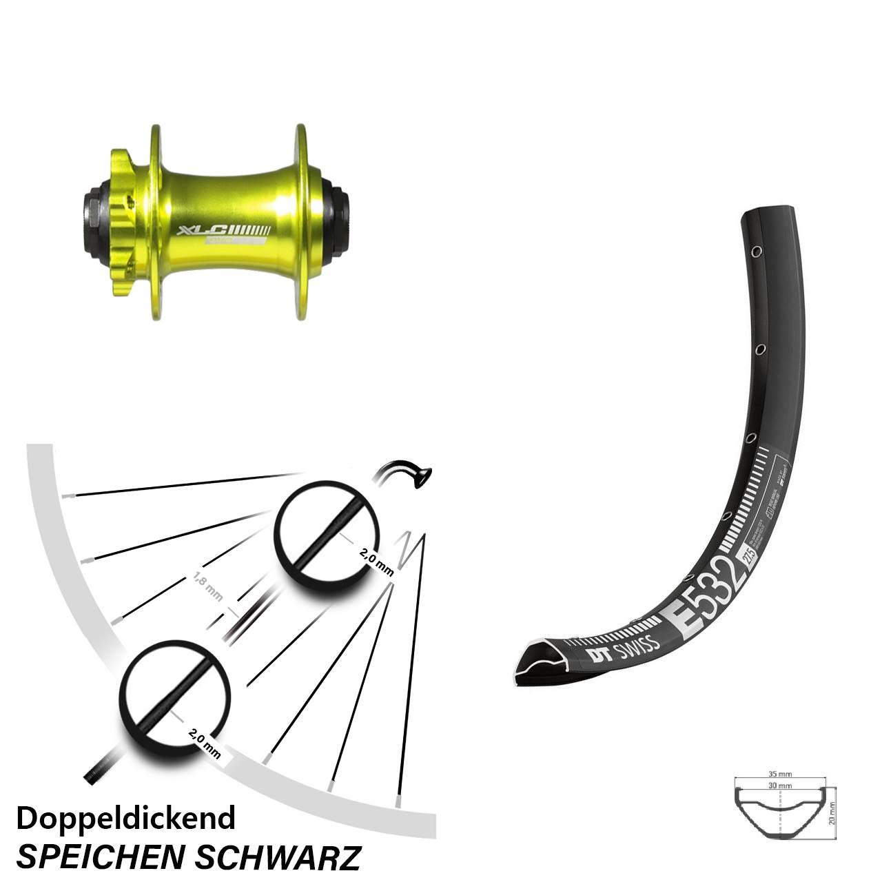 Disc Vorderrad 15x100 27,5 Zoll DT Swiss E 532 XLC Evo grün eloxiert